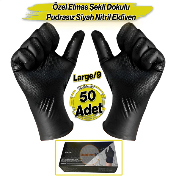 Elmas Dokulu 25 Çift 50 Adet Siyah L Beden 9 Numara Kalın Hijyenik Pudrasız Nitril Muayene Eldiveni