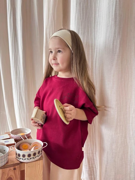 Bordo Nakışlı Oversize T-shirt