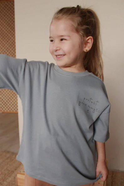 Açık Gri Nakışlı Oversize T-shirt - 5