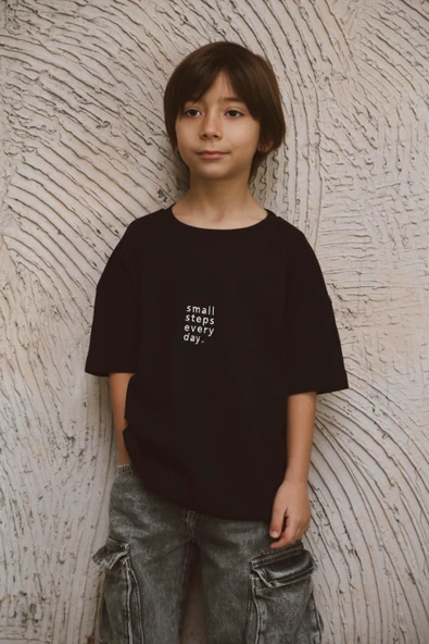 Siyah Bisiklet Yaka Oversize T-shirt Bebek - Çocuk - 2