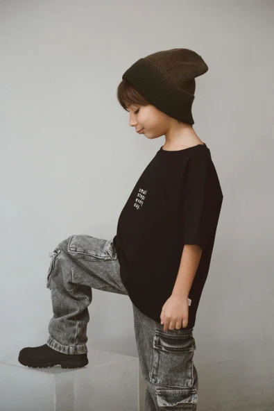 Siyah Bisiklet Yaka Oversize T-shirt Bebek - Çocuk - 3