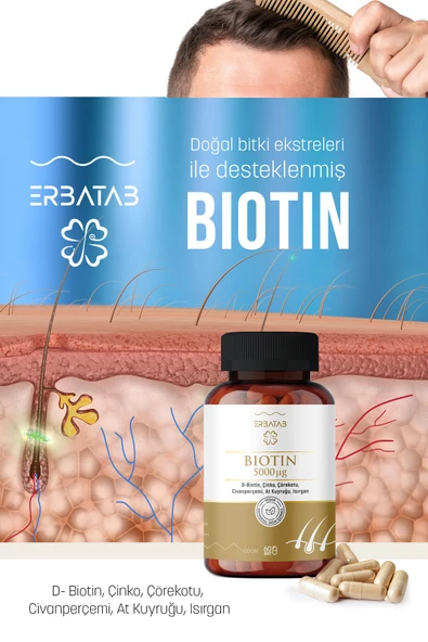 Erbatab Biotin (Çinko Çörekotu Civan Perçemi At Kuyruğu Isırgan Ekstresi) 60 Kapsül - 2