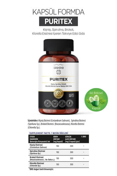 Erbatab Puritex (Kişniş - Spirulina - Brokoli - Klorella) 60 Kapsül - Resim 2