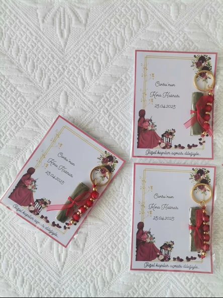 72 Adet Kişiye Özel Kına Hatırası Kırmızı Anahtarlık ve Paketlenmiş Kına Dağıtmalık Hediyelik - Resim 4