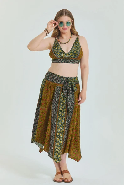 Gipe Detaylı Beli Bağlamalı Büyük Beden Etek - Resim 6