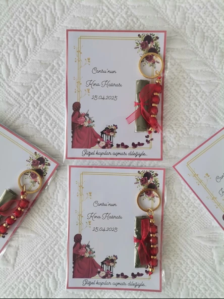 24 Adet Kişiye Özel Kına Hatırası Kırmızı Anahtarlık ve Paketlenmiş Kına Dağıtmalık Hediyelik - Resim 3