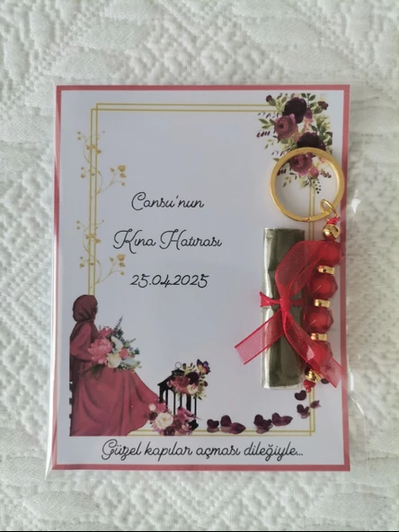 24 Adet Kişiye Özel Kına Hatırası Kırmızı Anahtarlık ve Paketlenmiş Kına Dağıtmalık Hediyelik - Resim 5