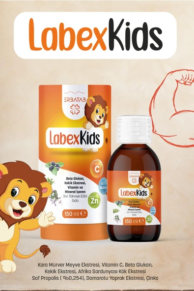 Erbatab Labex Kids Çinko Kekik Beta Glukan Karamürver Çocuk Multivitamin Şurup 150 ML