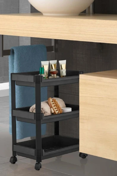 Flosoft 3 Katlı Tekerlekli Düzenleyici Raf, Mutfak Banyo Temizlik Katlı Organizer (22x36x48cm) Siyah - 2