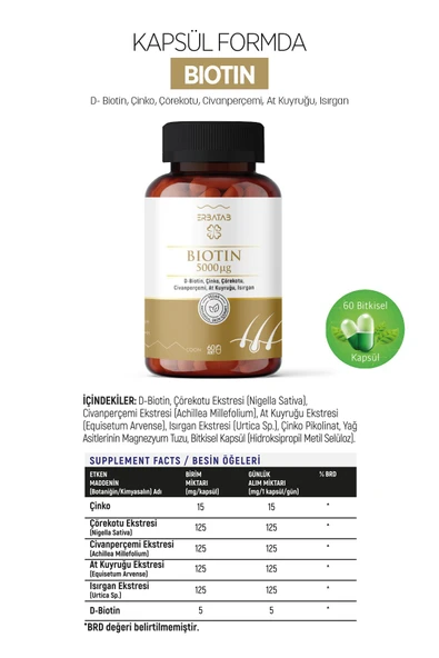 Erbatab Biotin (Çinko Çörekotu Civan Perçemi At Kuyruğu Isırgan Ekstresi) 60 Kapsül - 5