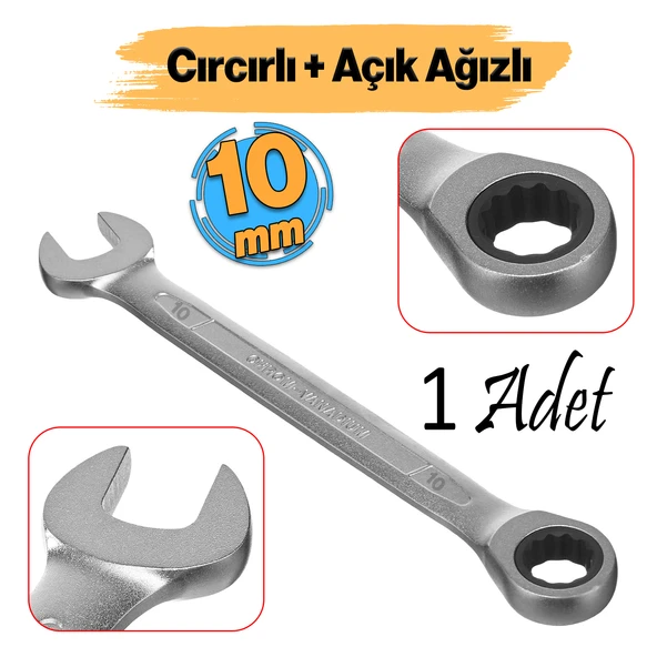 Cırcırlı Anahtar 10 mm Açık Ağızlı Düz ve Cırcır Kombine Anahtar 1 Adet Somun Sökme Sıkma