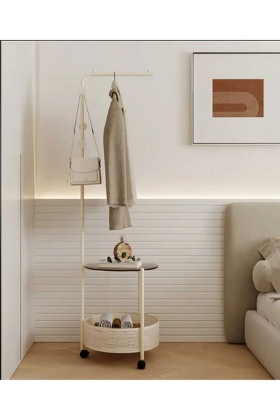 Metal Raflı Beyaz Konfeksiyon Askısı Elbise Askılığı Sepetli askılık Tekerlekli 175*50 cm 1087 CN
