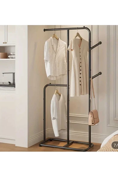 Modern Metal Siyah Bölmeli Konfeksiyon Elbise Askılığı Ayaklı Askılık 175*74*32 CM 1091-CN