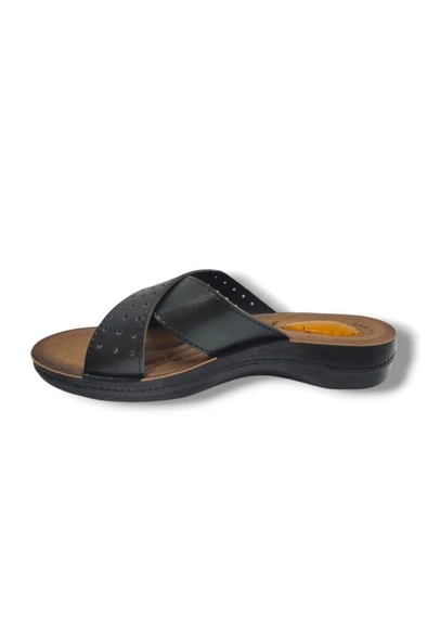 Enes 40371-25 Deri Anatomik Çapraz Kadın Terlik - Resim 3