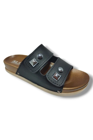 Slc 8104-25 Deri Çift Bant Tokalı Kadın Terlik - Resim 4