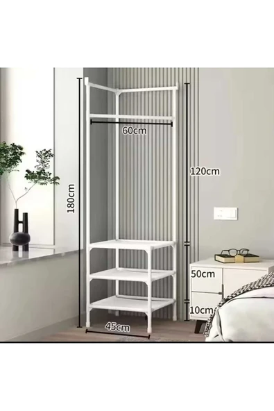 Metal Beyaz Köşe Elbise Kıyafet Askılığı  Ayaklı Konfeksiyon Askılık 1083-CN - 3
