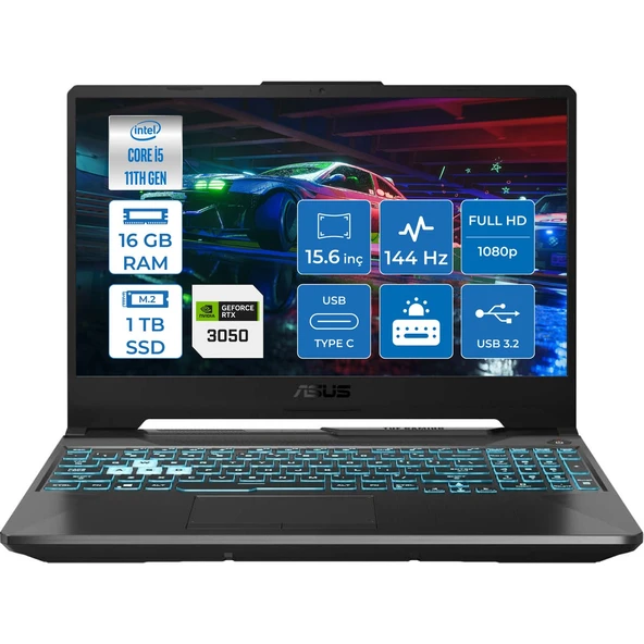 TUF Gaming F15 Intel Core i5 11400H 16 GB 1 TB SSD RTX3050 Freedos 15.6" FHD 144Hz Taşınabilir Bilgisayar FX506HC-HN40904