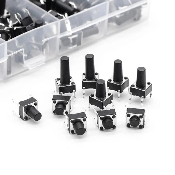 100 Parça Tact Switch Seti 6x6 Dip Kılıf 10 Farklı Boy Plastik Çantada - 3