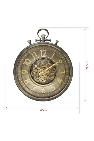 Efe Mark Premium Serisi Antik Eskitme Kadranlı Döner Çarklı 60 Santimetre Köstekli Ev ve Ofis Duvar Saati Latin Rakamlı Antrasit - Resim 5