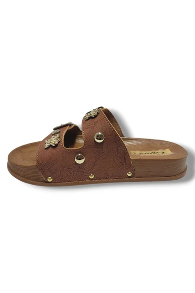 Capri 9001-25 Deri Çift Bant Tokalı Kadın Terlik - 9