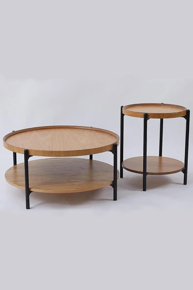 İkili Sehpa Seti – Orta Sehpa 80x42 cm & Yan Sehpa 48x59 cm, MDF Tabla, Siyah Metal Gövde