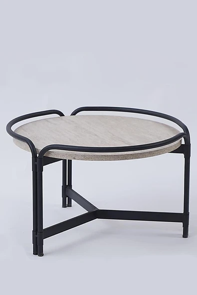 2'li Yuvarlak Orta Sehpa Seti – Modern Metal Ayaklı, Doğal Mermer Görünümlü Sehpa Takımı (80x45 cm + 60x35 cm) - 2