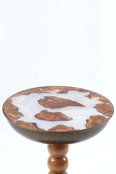 Epoksi Üst Tablalı Yan Sehpa, Zigon Sehpa, Bronz Metal Gövde & Ahşap Ayak – 60x40 cm