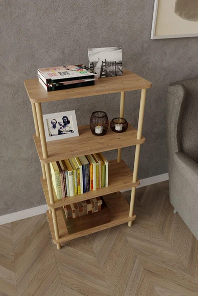 4 Katlı Ahşap Açık Raf Kitaplık – 30x50x104 cm – Çok Amaçlı Dekoratif Raf Ünitesi - 4