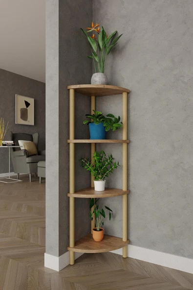 4 Katlı Köşe Raf – 29x29x105 cm – Ahşap Görünümlü Dekoratif Açık Kitaplık