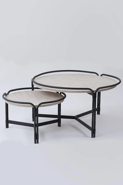 2'li Yuvarlak Orta Sehpa Seti – Modern Metal Ayaklı, Doğal Mermer Görünümlü Sehpa Takımı (80x45 cm + 60x35 cm)