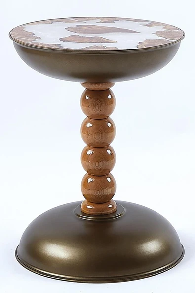 Epoksi Üst Tablalı Yan Sehpa, Zigon Sehpa, Bronz Metal Gövde & Ahşap Ayak – 60x40 cm - 3