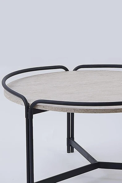 2'li Yuvarlak Orta Sehpa Seti – Modern Metal Ayaklı, Doğal Mermer Görünümlü Sehpa Takımı (80x45 cm + 60x35 cm) - 3