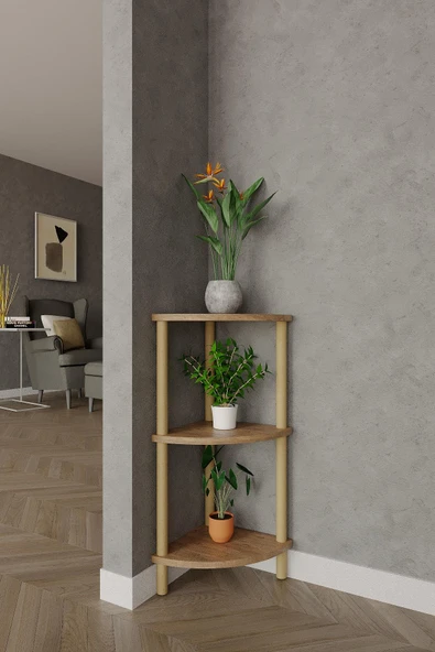 3 Katlı Ahşap Köşe Raf – 29x29x74 cm – Dekoratif Açık Raf Ünitesi