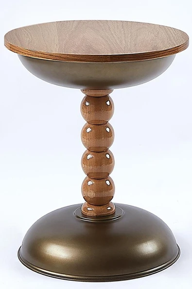 MDF Üst Tablalı Yan Sehpa, Zigon Sehpa, Bronz Metal Gövde ve Ahşap Ayak – 60x40 cm - 2