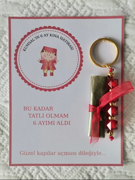 48 Adet Kişiye Özel 6 Ay Kına Hatırası Kırmızı Anahtarlık ve Paketlenmiş Kına Dağıtmalık Hediyelik