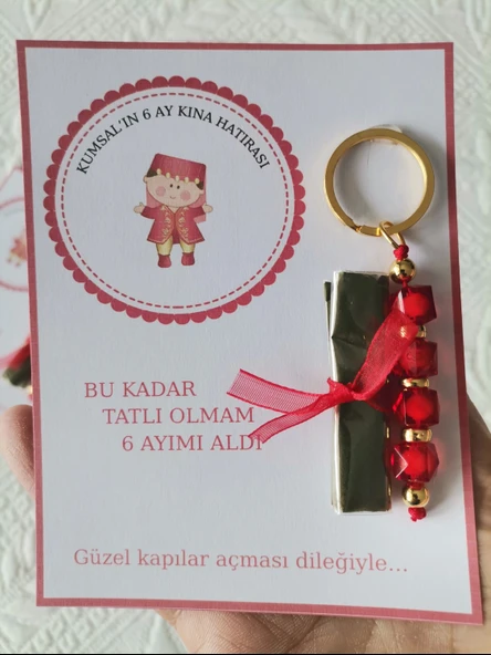 48 Adet Kişiye Özel 6 Ay Kına Hatırası Kırmızı Anahtarlık ve Paketlenmiş Kına Dağıtmalık Hediyelik - 3