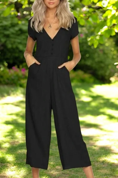 V Yaka Kısa Paça Keten Tulum ürün görseli