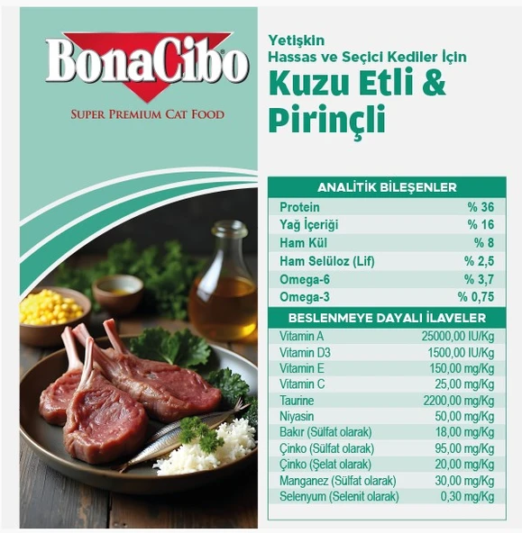 BonaCibo Adult Cat Lamb & Rice Kuzu Etli ve Pirinçli Yetişkin Kedi Maması 15 Kg - 4