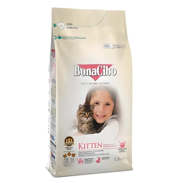 BonaCibo Kitten Tavuklu (Hamsi ve Pirinç eşliğinde) Yavru Kedi Maması 1.5 Kg