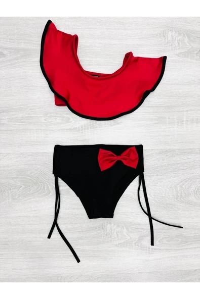 Kız Çocuk 2'li Mayo Takımı (Bağcıklı ve Fiyonklu Alt+Tek Kol Üst) Takımı 2-10 Yaş 12230 - Resim 2