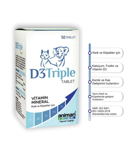 Animari D3 Triple 50 Tablet Kedi ve Köpekler Için Vitamin D3 Kalsiyum ve Fosfor