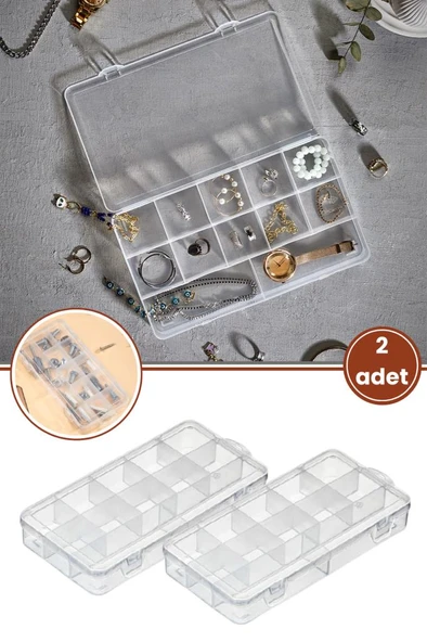 Flora 12 Bölmeli Kapaklı Takı Toka Organizeri, Yüzük Kolye Küpe Makyaj Vida İlaç Düzenleyici Kutu 2 Adet