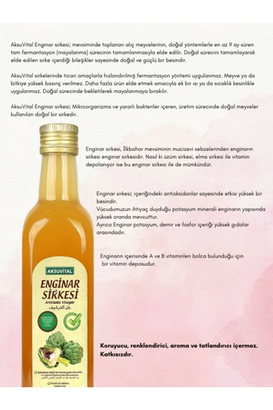 Aksu Vital Aksuvital Organik Enginar Sirkesi 500 ml %100 Doğal - 2