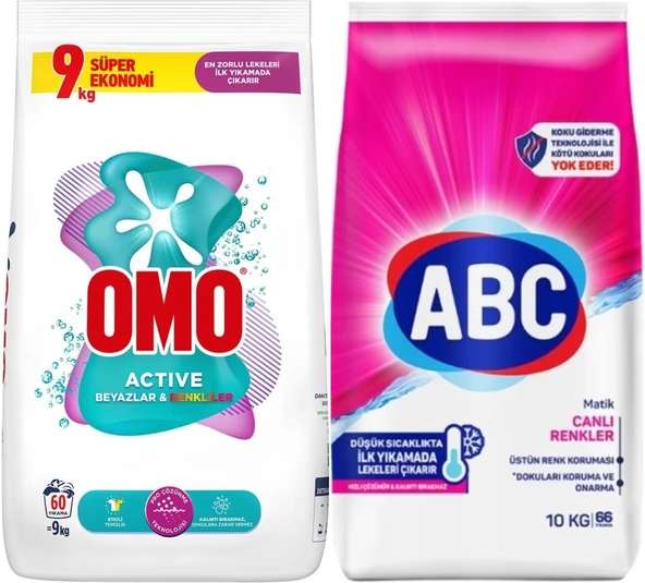 Omo Matik Toz Çamaşır Deterjanı 9KG Beyazlar ve Renkliler (60 Yıkama) + 10KG Canlı Renkler