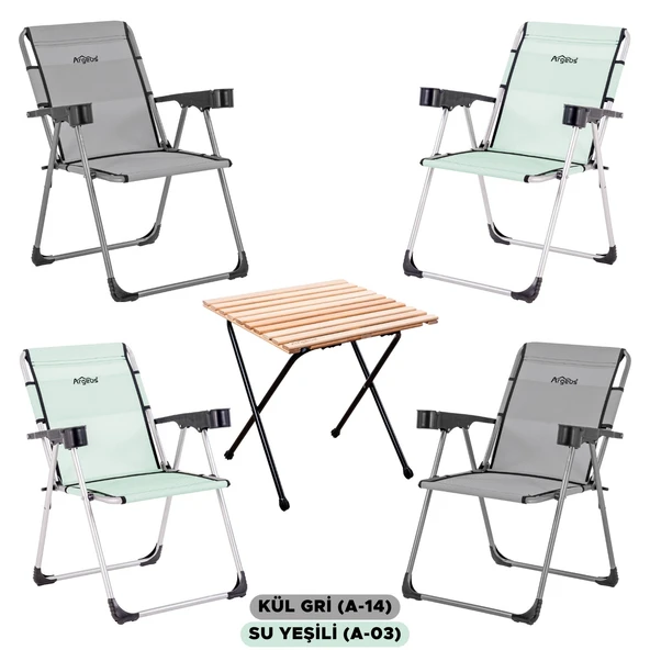 4 Adet Katlanır Kamp Sandalyesi ve Masa Seti - Rock - Kül Gri / Su Yeşili - Bardaklıklı - 140 KG - Resim 2