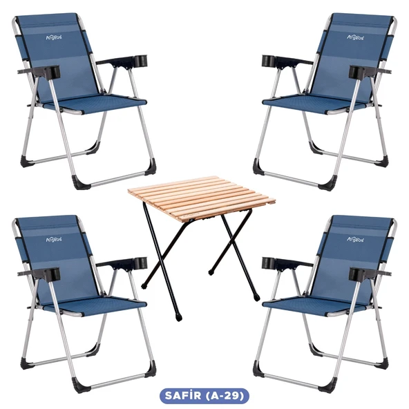 4 Adet Katlanır Kamp Sandalyesi ve Masa Seti - Rock - Safir A-30 - Bardaklıklı - 140 KG