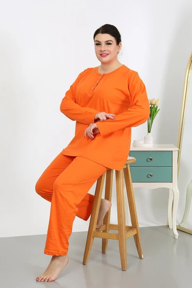 Kadın Büyük Beden Uzun Kol Penye Pijama Takımı Turuncu 202501