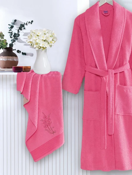 Bornoz - Nakışlı Havlu Seti Cora Fuşya S/M+45x85cm - Resim 2