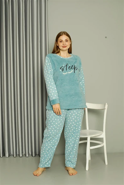Welsoft Polar Kadın Büyük Beden Su Yeşili Pijama Takımı 808046