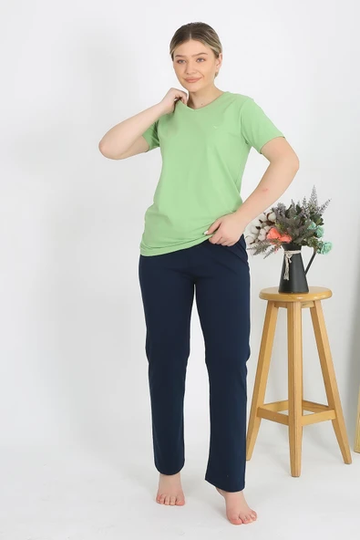 Kadın Kısa Kol Pamuk Penye Pijama Takım Fıstık Yeşili 4215